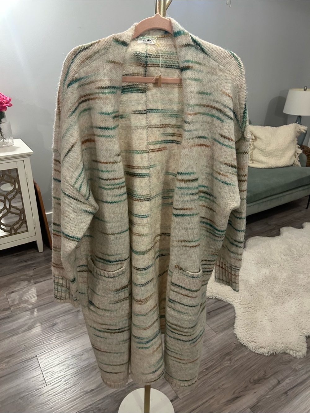 Penningtons Cream Open-Front Cardigan with Teal & Brown Stripes